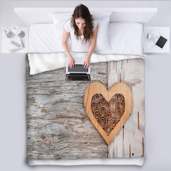 Wooden Decorative Heart On The Birch Bark Fleece Blanket