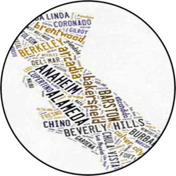 Word Cloud Showing Cities In California Round Rug