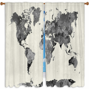World Map In Watercolor Gray Custom Size Window Curtain