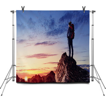 Young Tourist Atop Of Mountain Fleece Backdrop