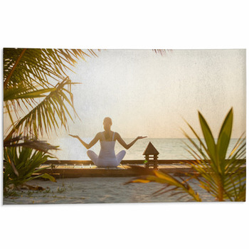 Young Woman Practicing Yoga On The Beach At Area Rug